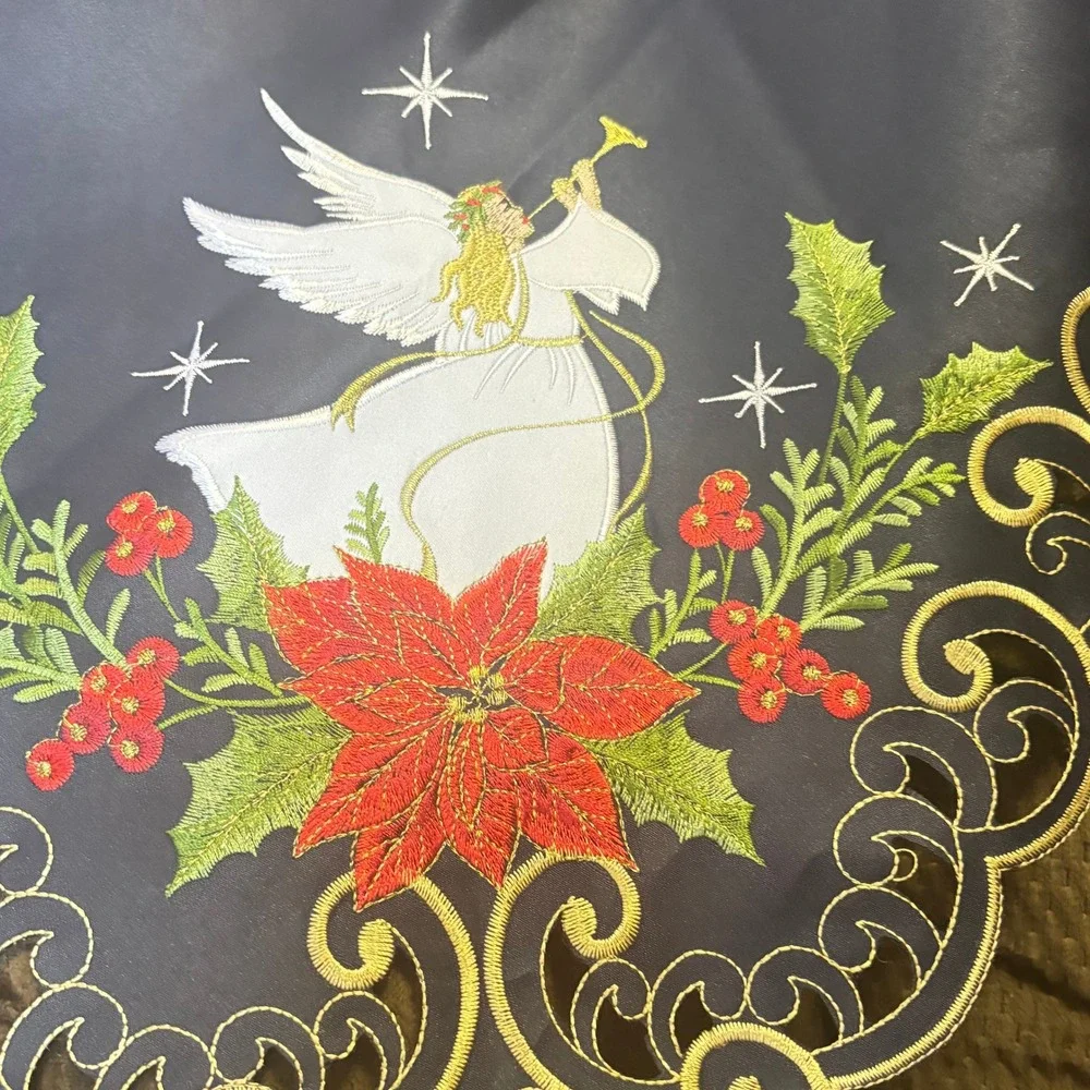 Vintage Square Table Topper 33in Navy Blue Angel Poinsettia Holiday Christmas